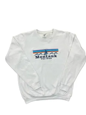 Adult Unisex Crewneck Pullover with Embroidered Montauk The End with Ship in White