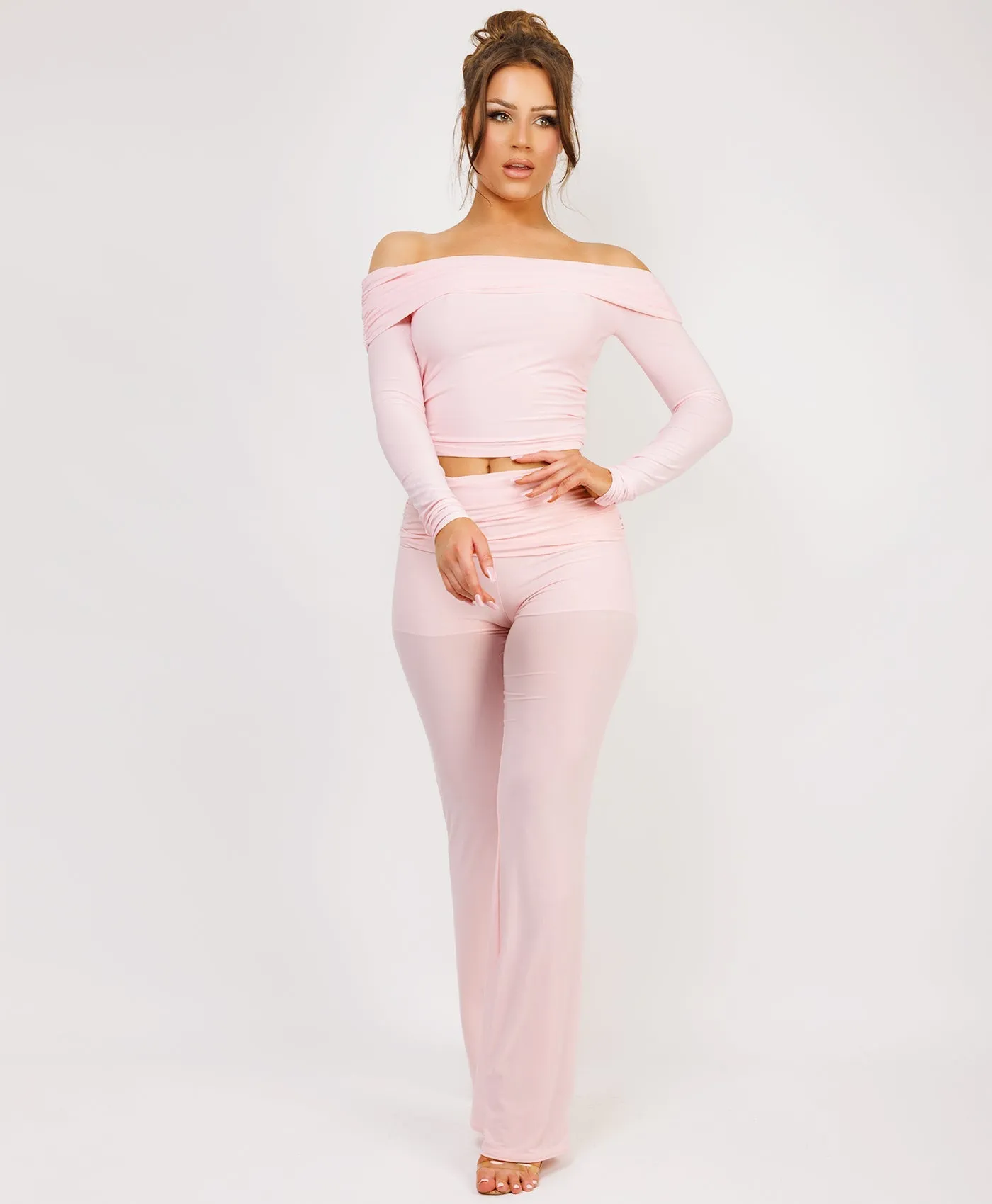 Baby Pink Flare Trousers And Off Shoulder Top Fold Detail Set