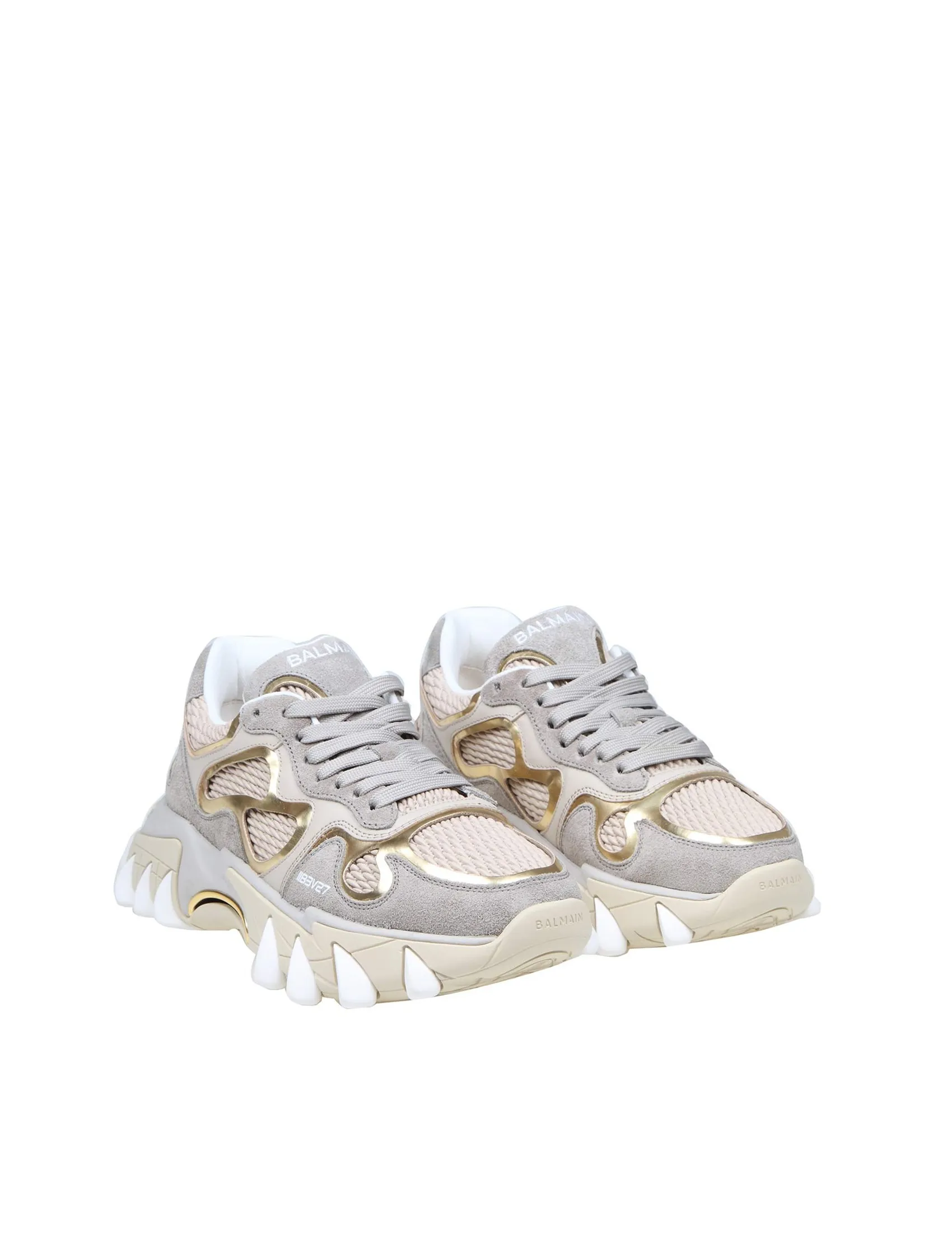 BALMAIN B-EAST SNEAKERS IN GRAY AND GOLD SUEDE AND LEATHER