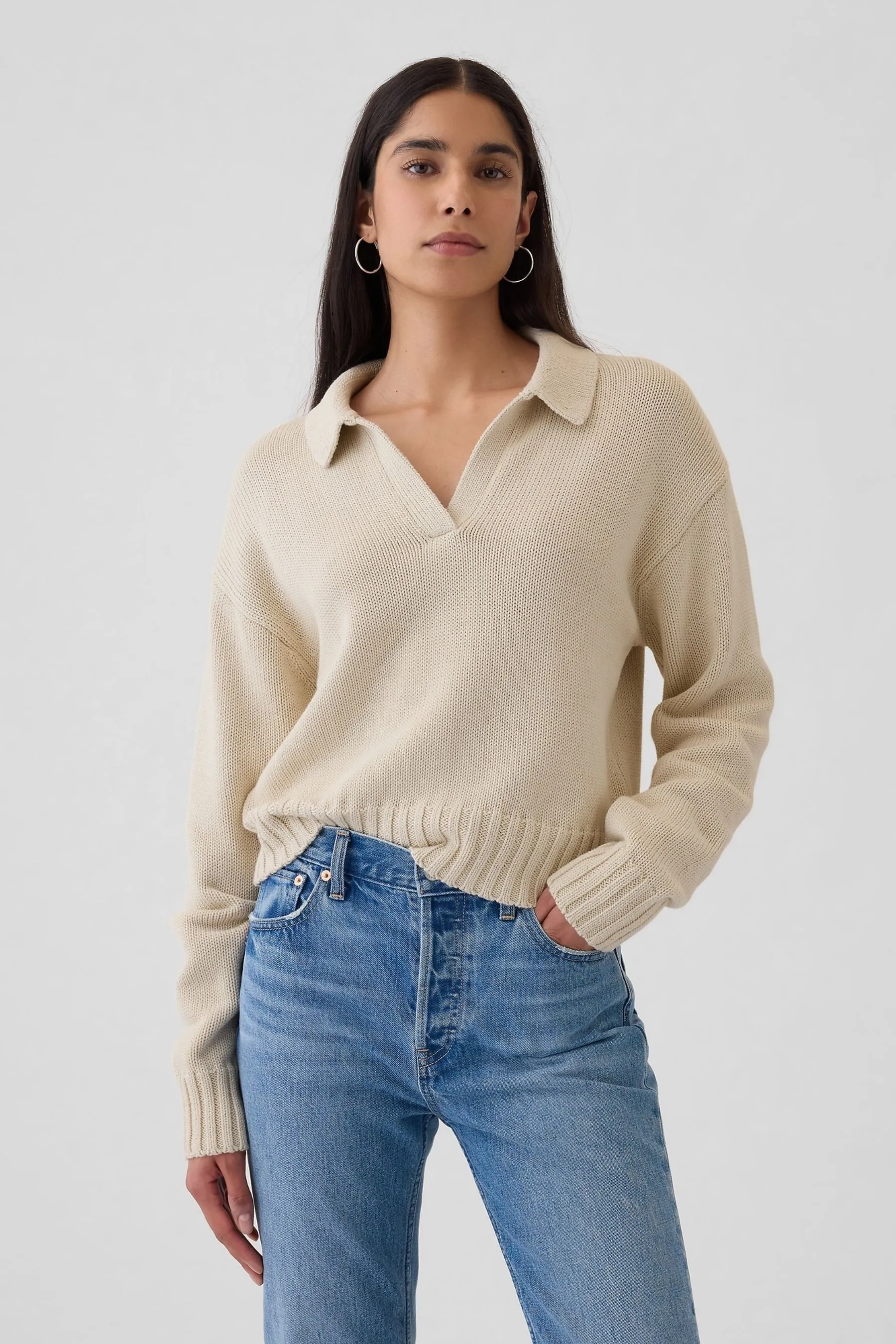 Beige Shrunken V-Neck Polo Jumper