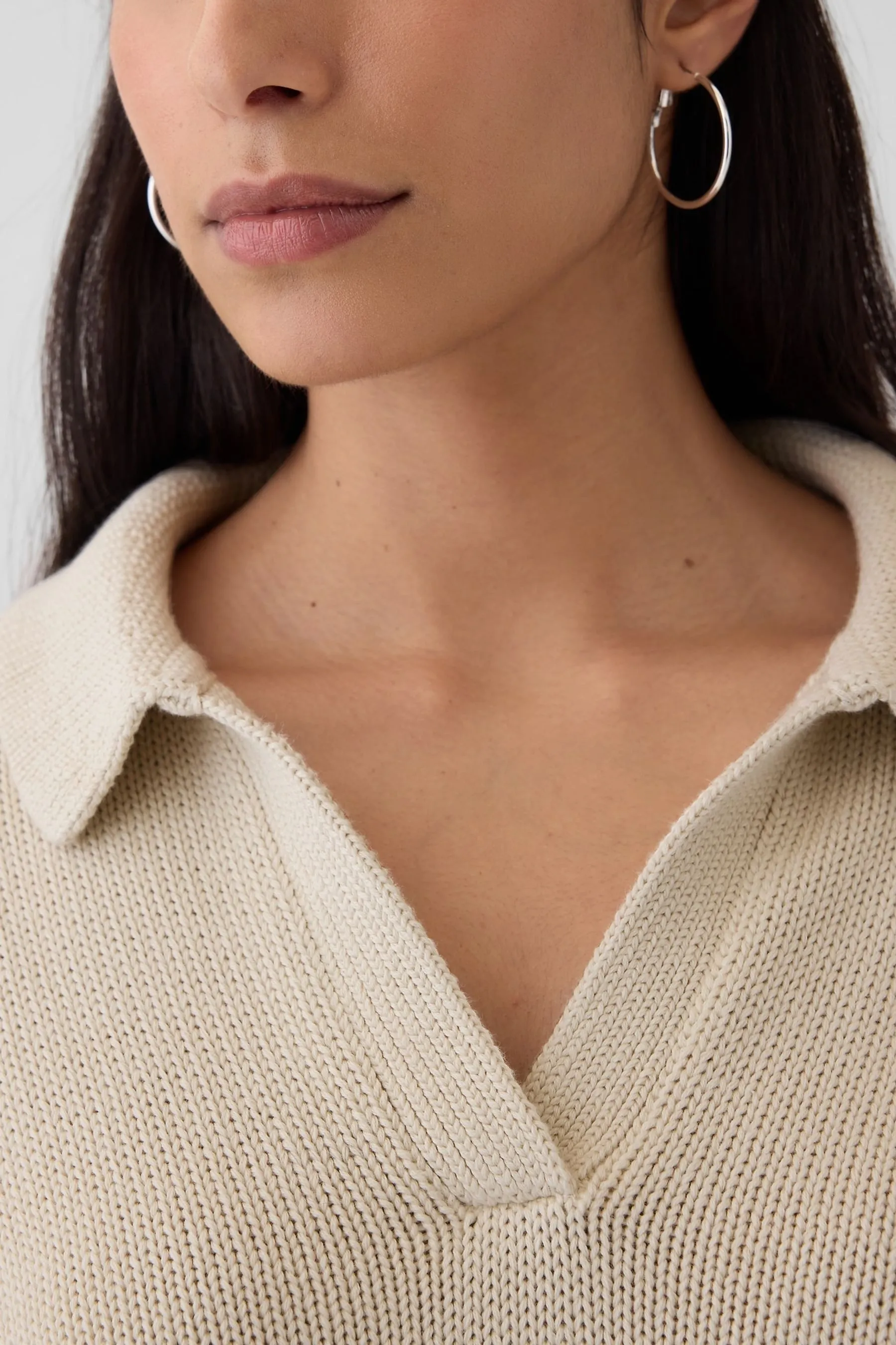 Beige Shrunken V-Neck Polo Jumper