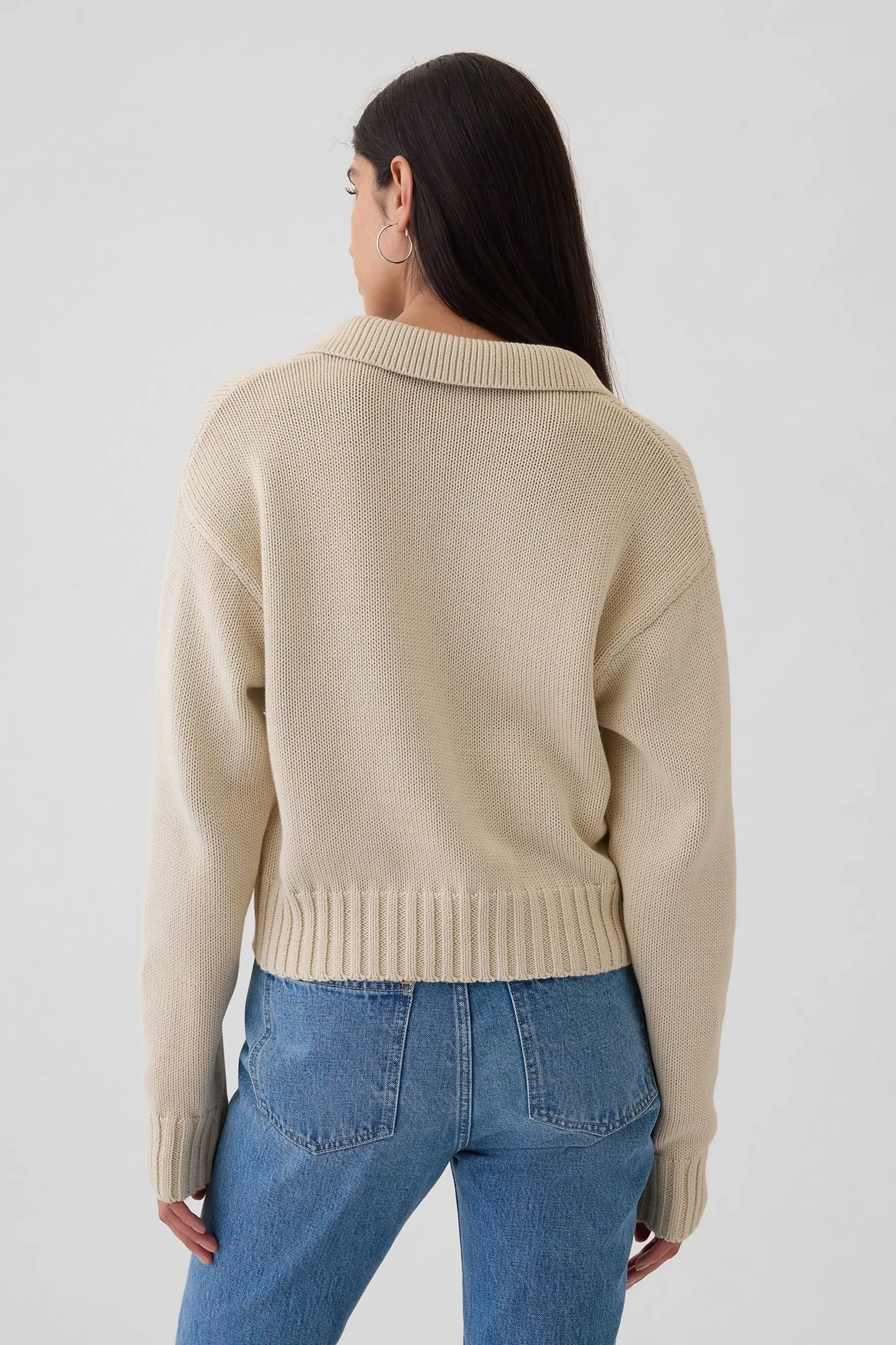 Beige Shrunken V-Neck Polo Jumper