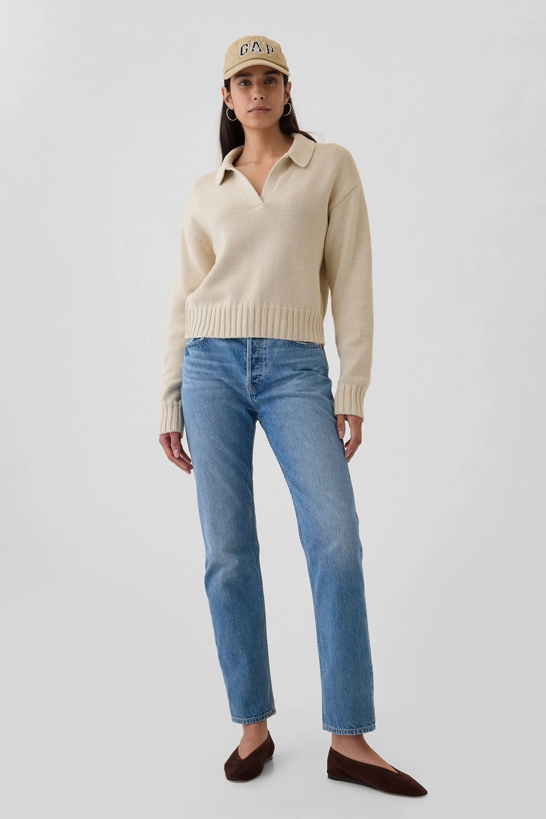 Beige Shrunken V-Neck Polo Jumper