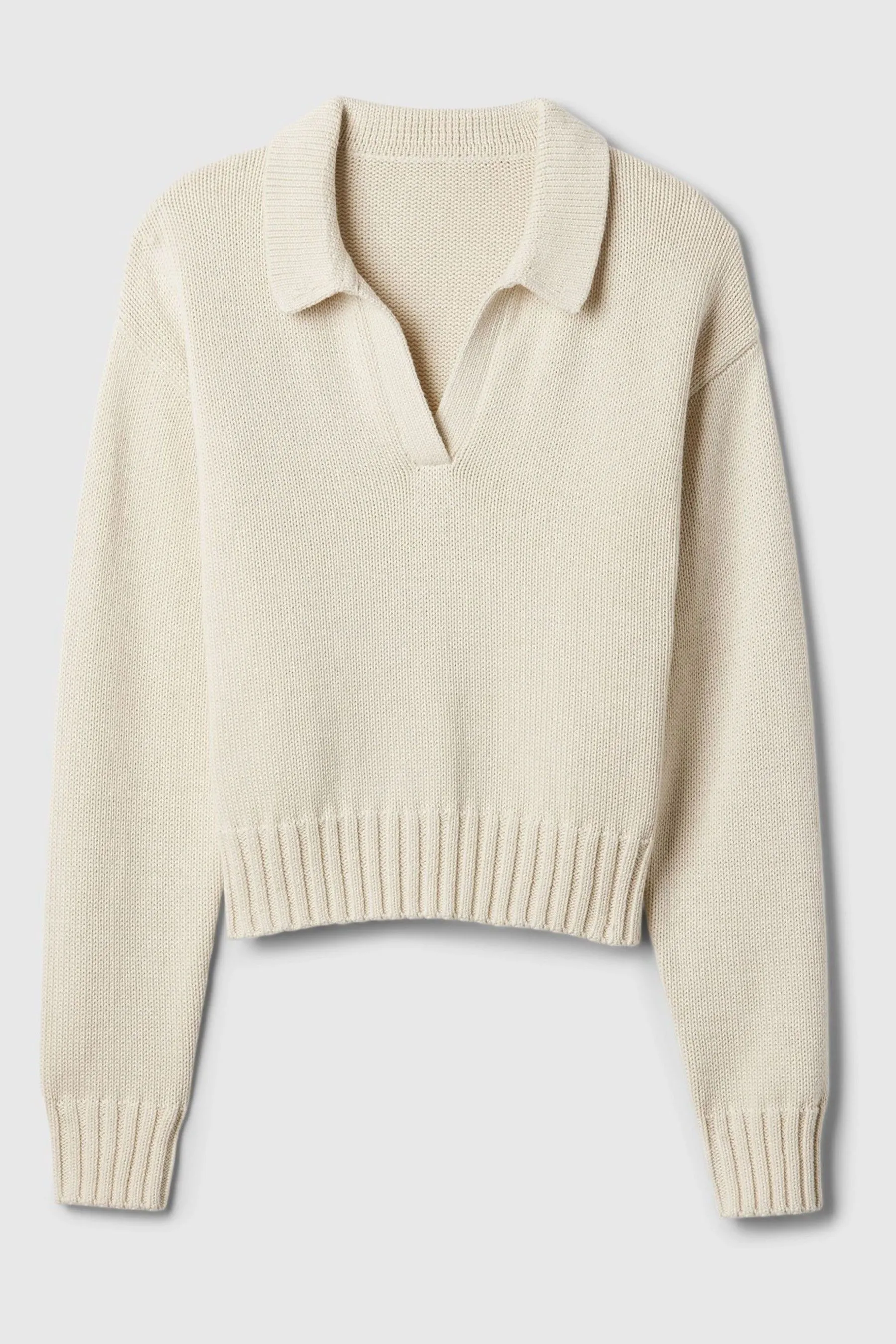 Beige Shrunken V-Neck Polo Jumper