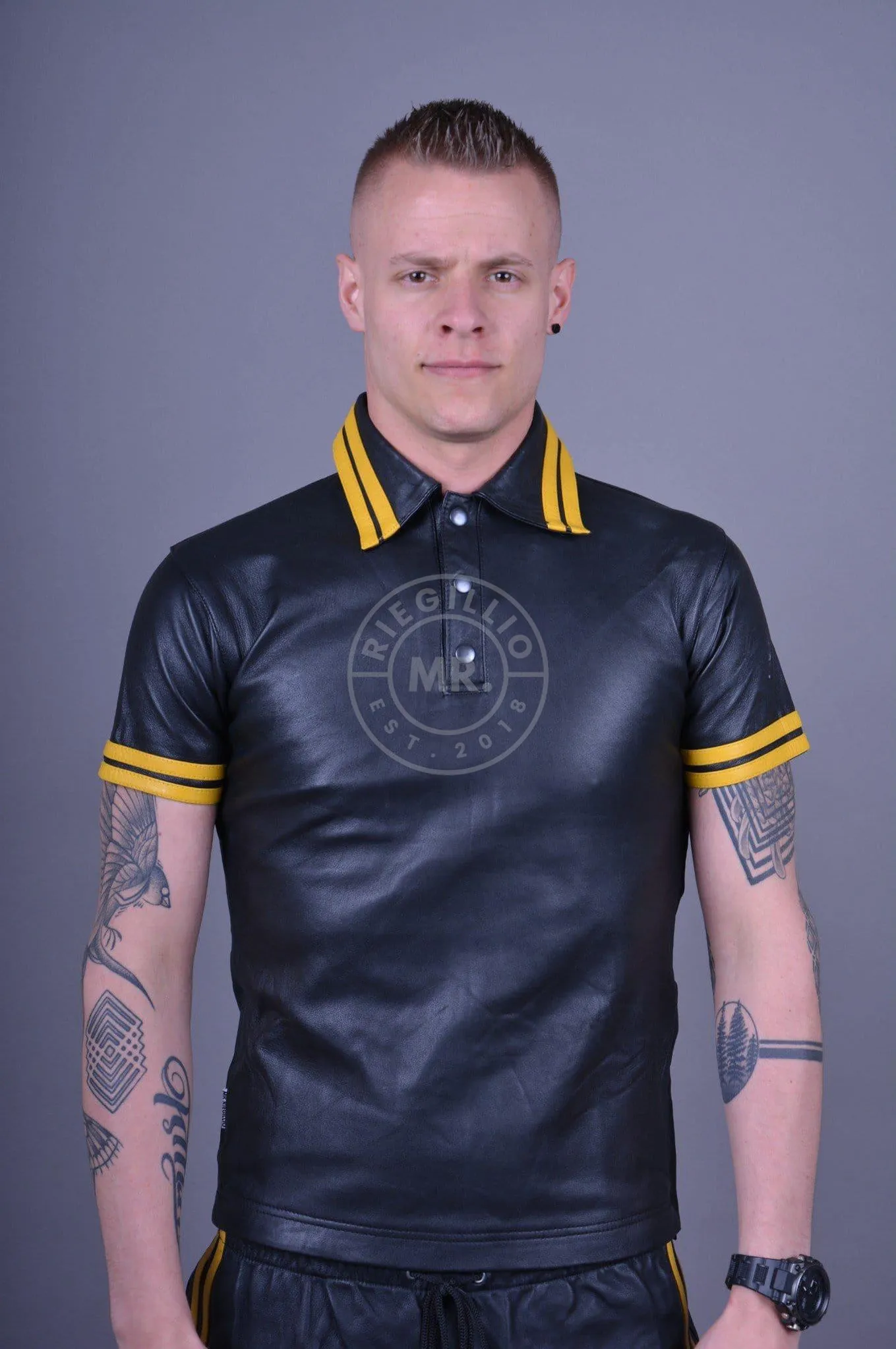 Black Leather Polo - YELLOW STRIPES