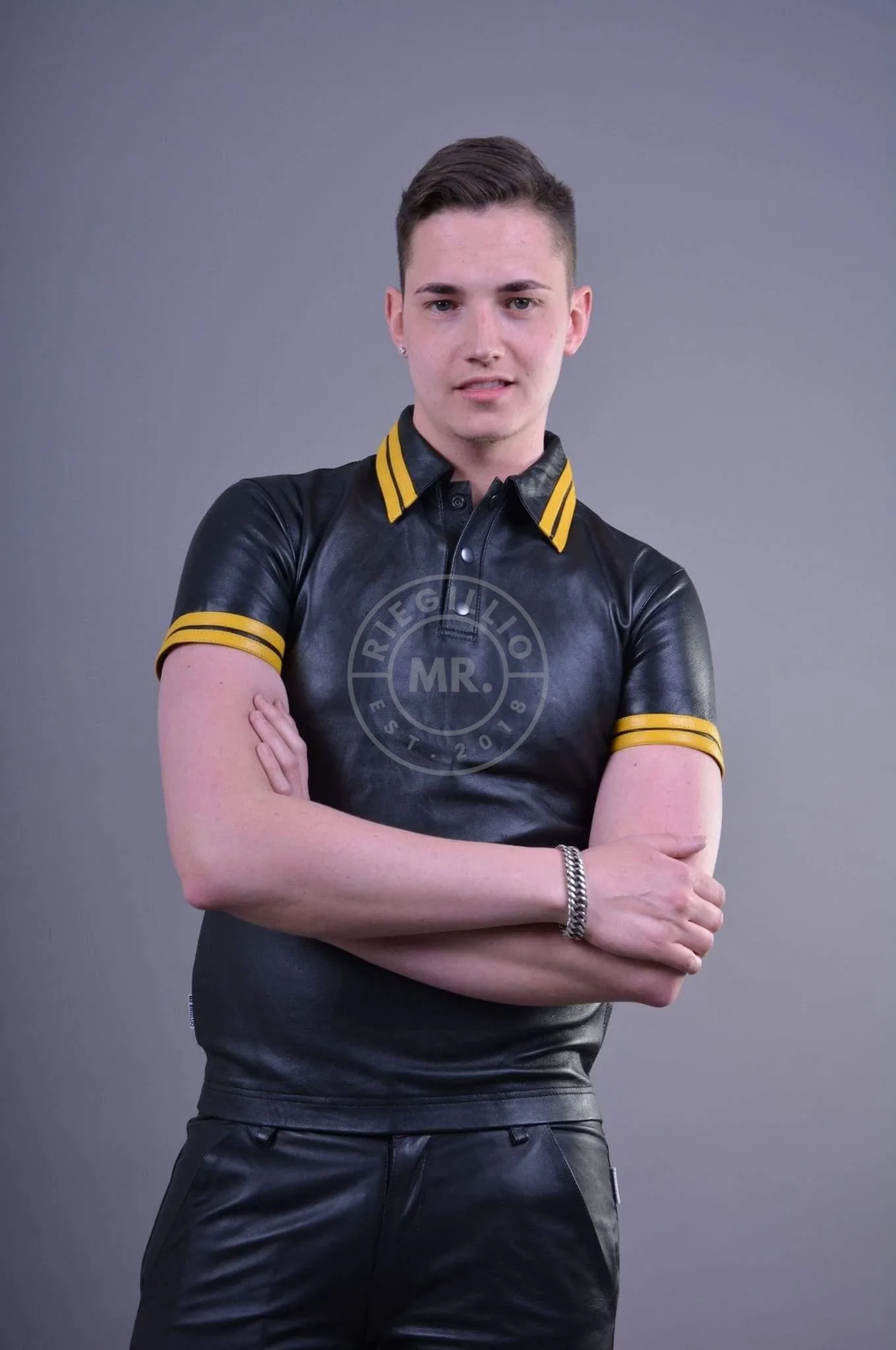 Black Leather Polo - YELLOW STRIPES