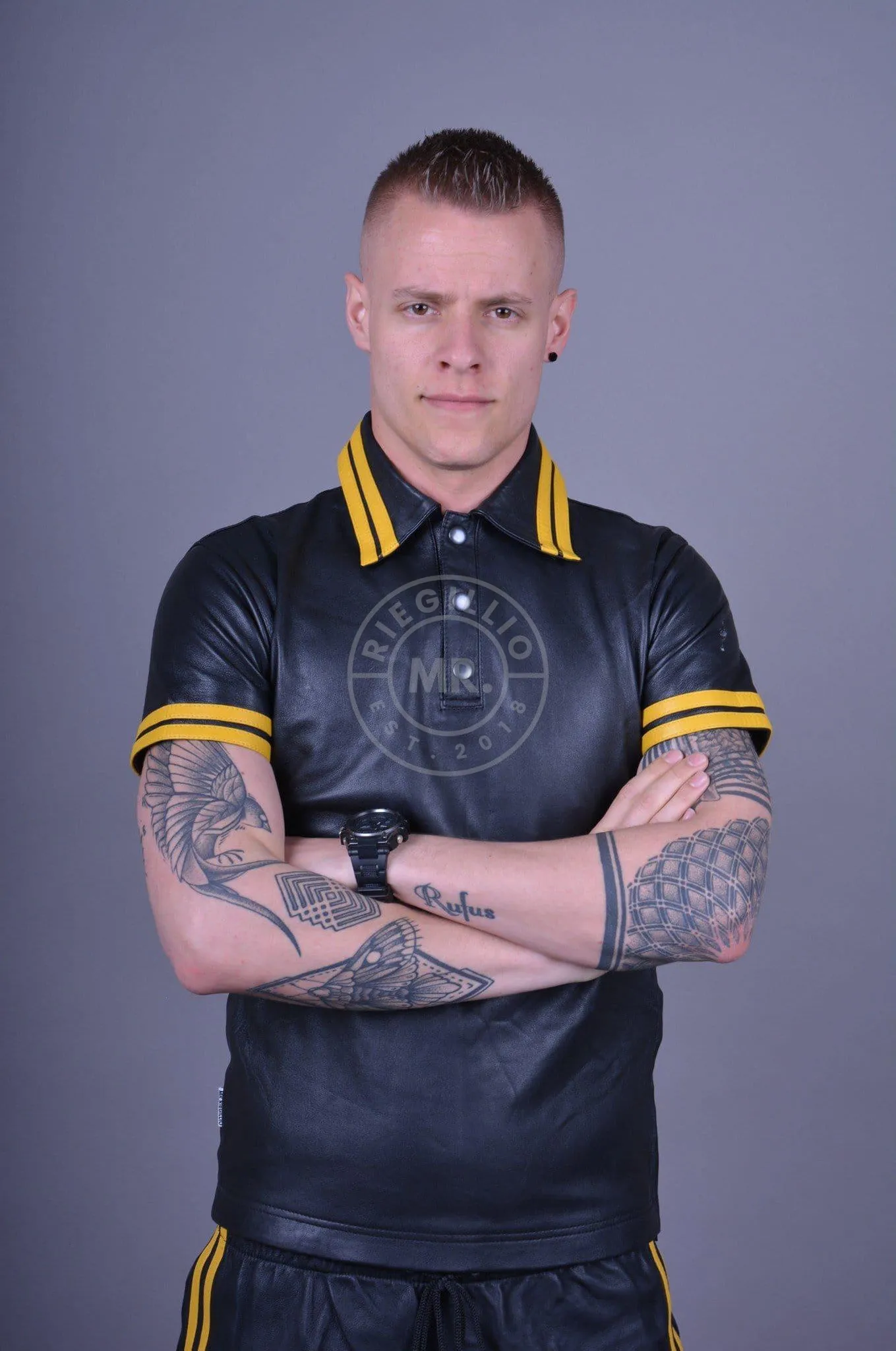 Black Leather Polo - YELLOW STRIPES