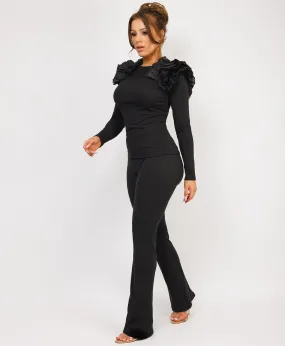 Black Ruffle Frill Shoulder Ribbed Top And Trousers Loungewear Set