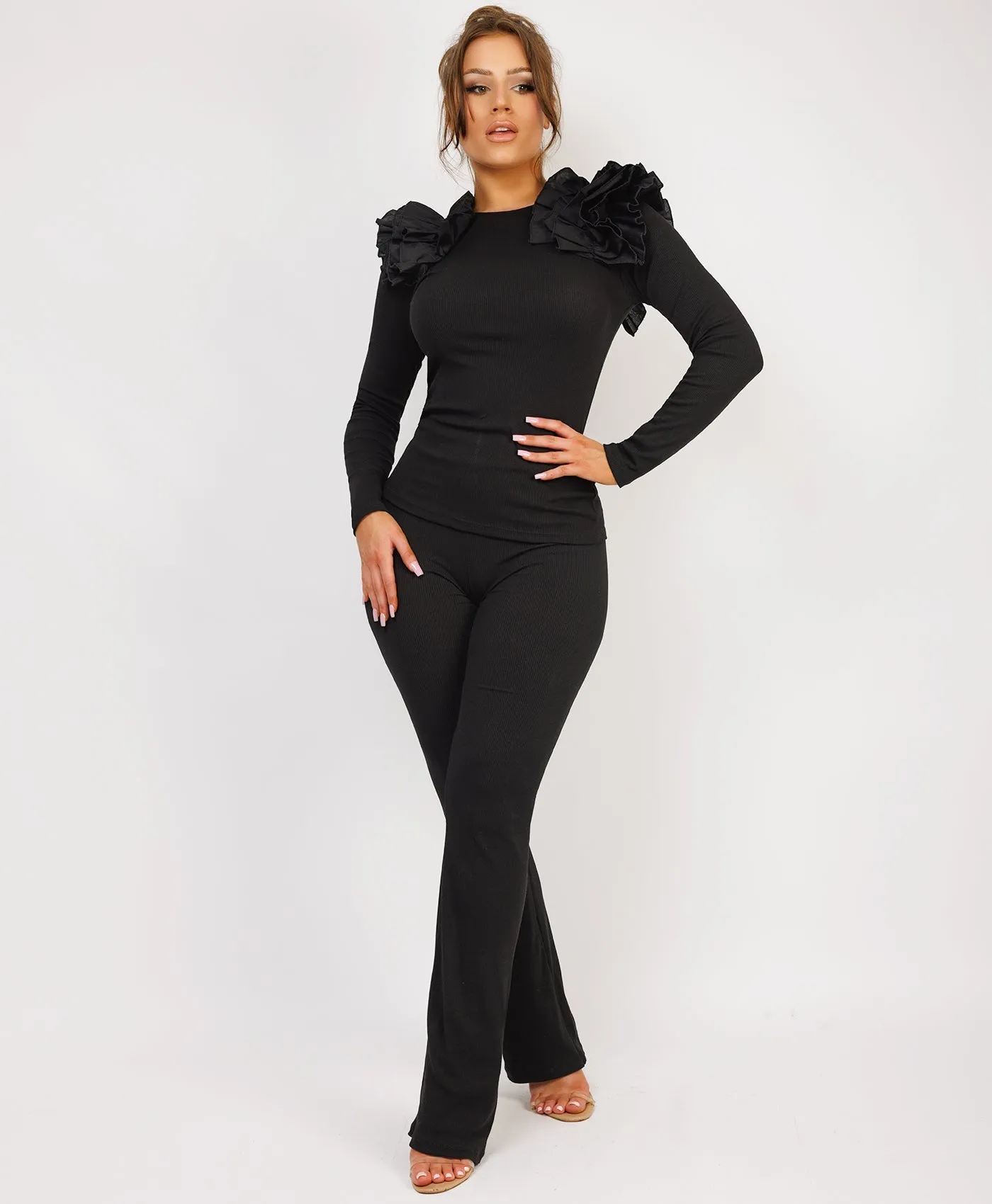 Black Ruffle Frill Shoulder Ribbed Top And Trousers Loungewear Set