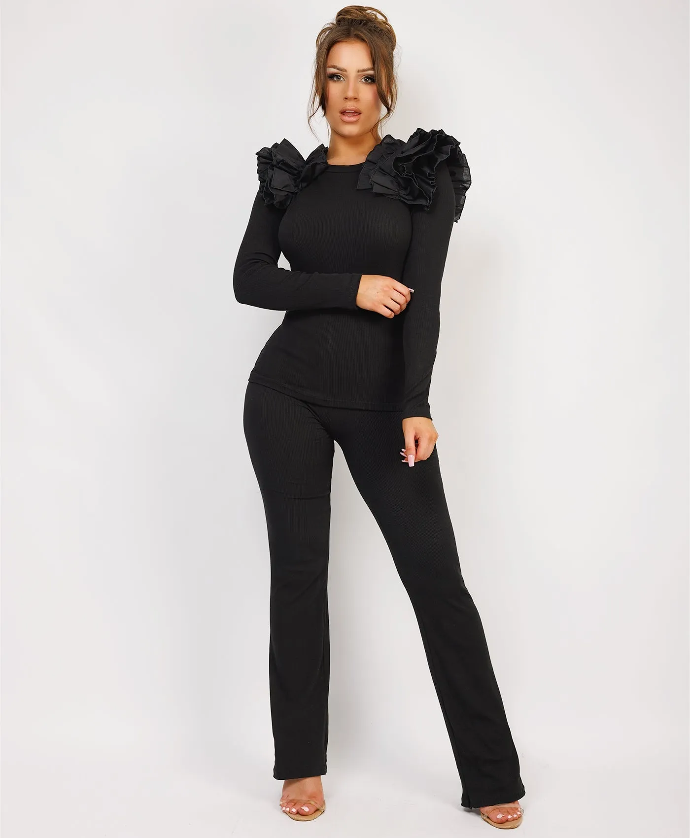 Black Ruffle Frill Shoulder Ribbed Top And Trousers Loungewear Set