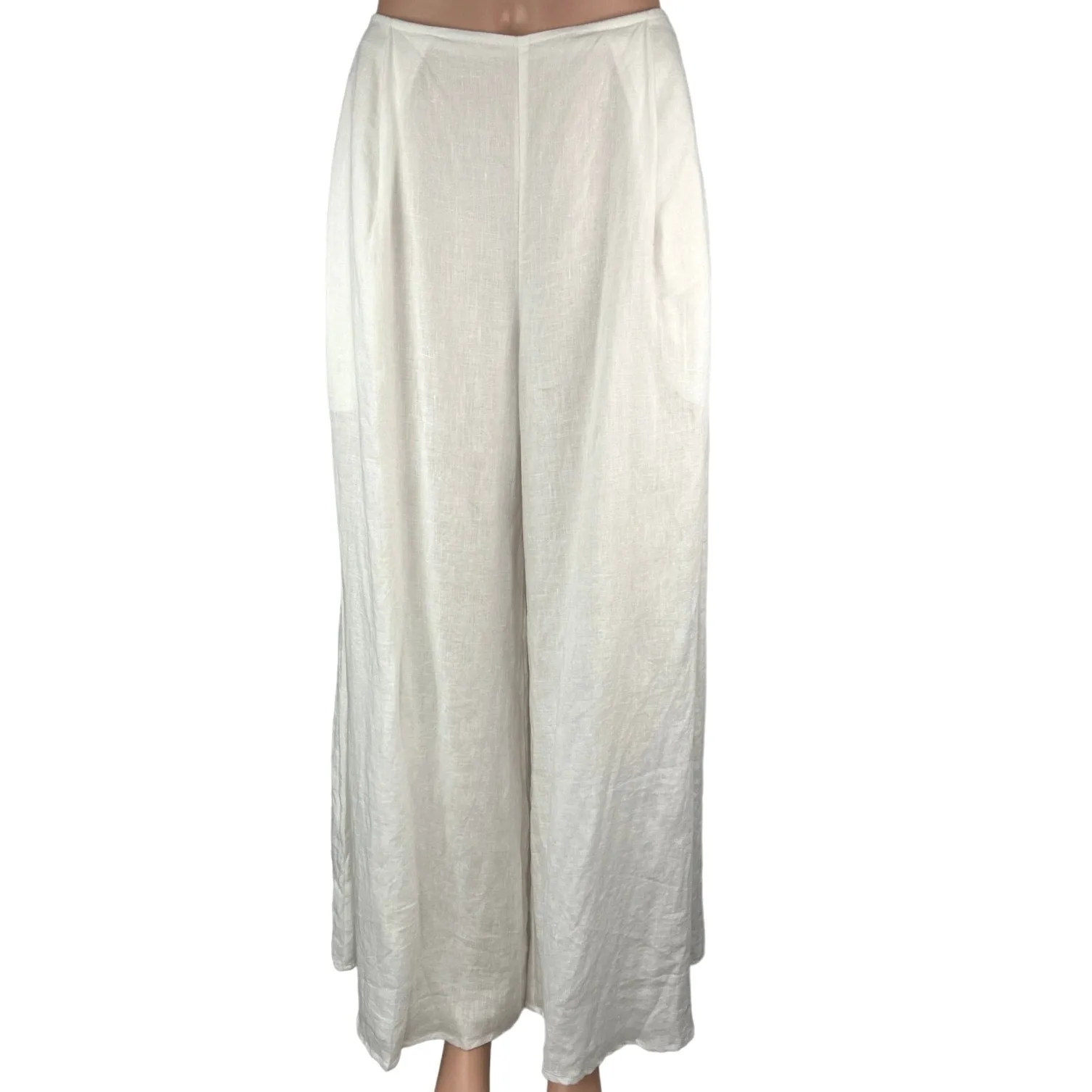 Calypso White 100% Linen Wide Leg High Waist Pleated Pull On Trousers Pants Sz S