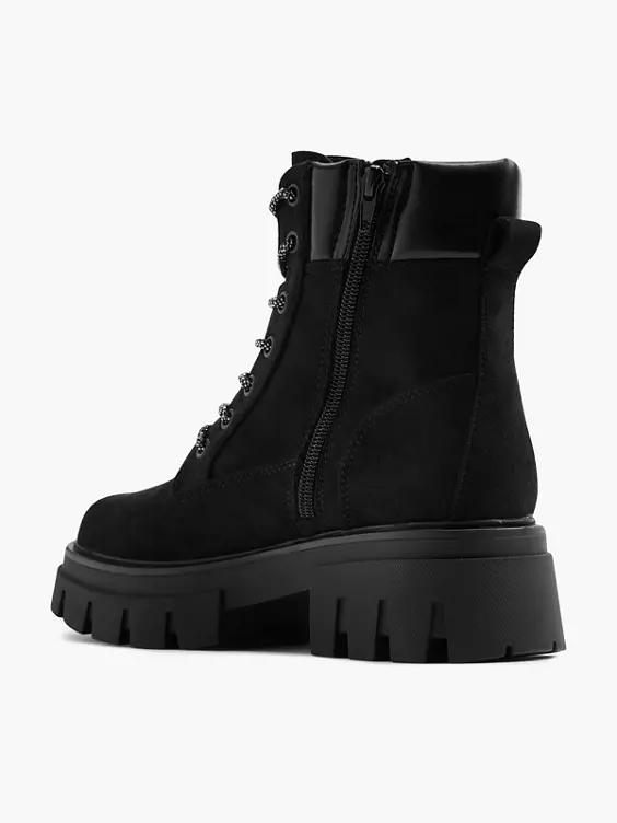 Catwalk  Black Chunky Biker Boot with Gem Detailed Laces