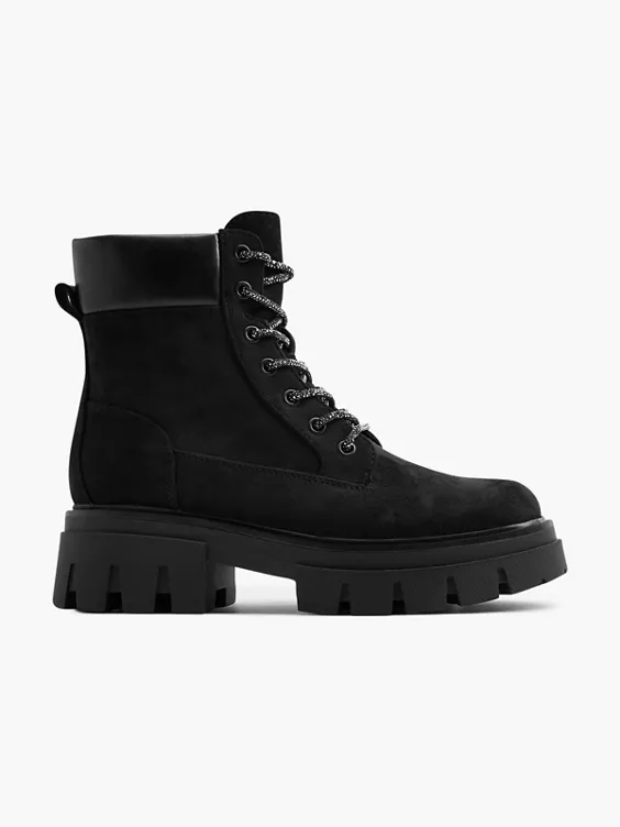 Catwalk  Black Chunky Biker Boot with Gem Detailed Laces