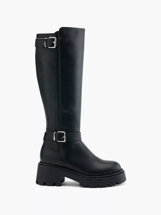 Catwalk  Black Long Leg Chunky Boot with Double Buckle Detail