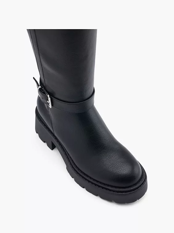 Catwalk  Black Long Leg Chunky Boot with Double Buckle Detail