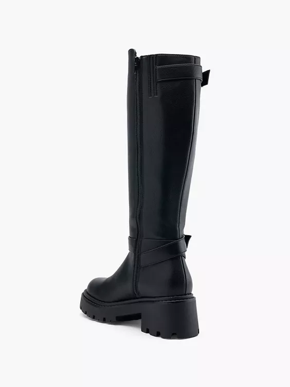 Catwalk  Black Long Leg Chunky Boot with Double Buckle Detail