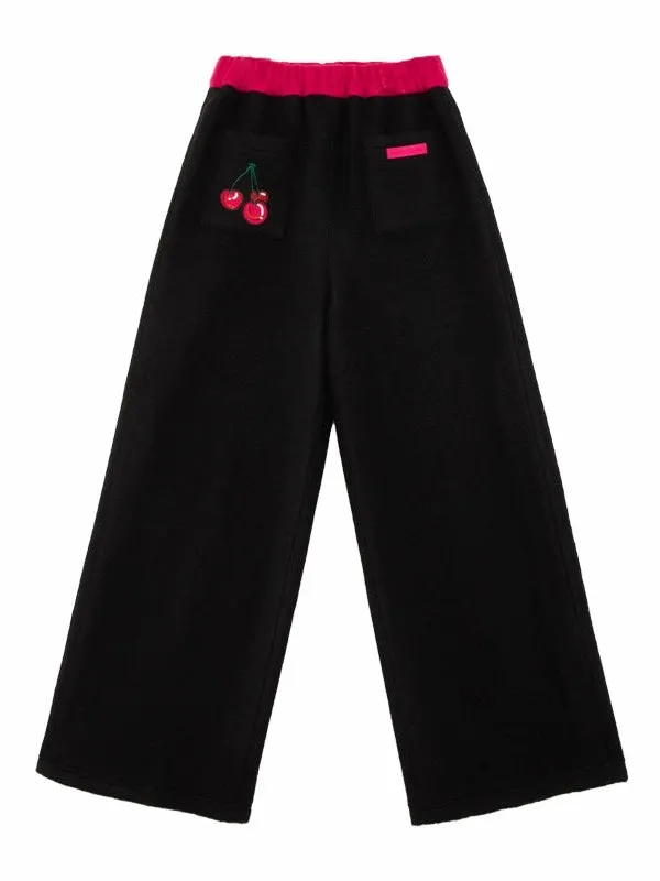 Cherry Embroidery Contrasting Color Straight Trousers