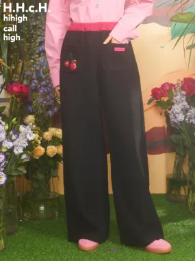 Cherry Embroidery Contrasting Color Straight Trousers