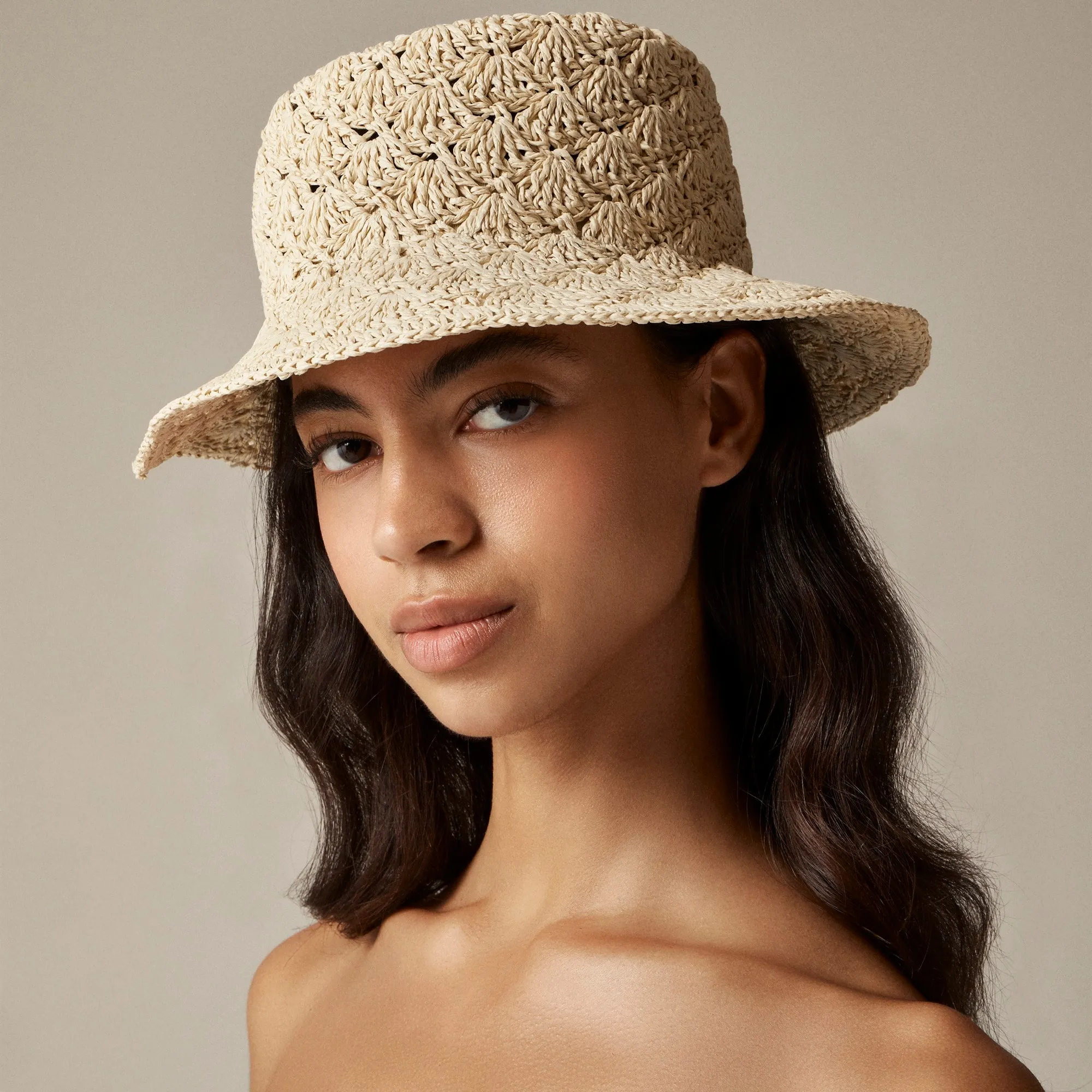 Crochet-weave faux-raffia bucket hat