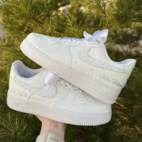 Custom Air Force 1 Pearl Ribbon Bridal Wedding Shoes