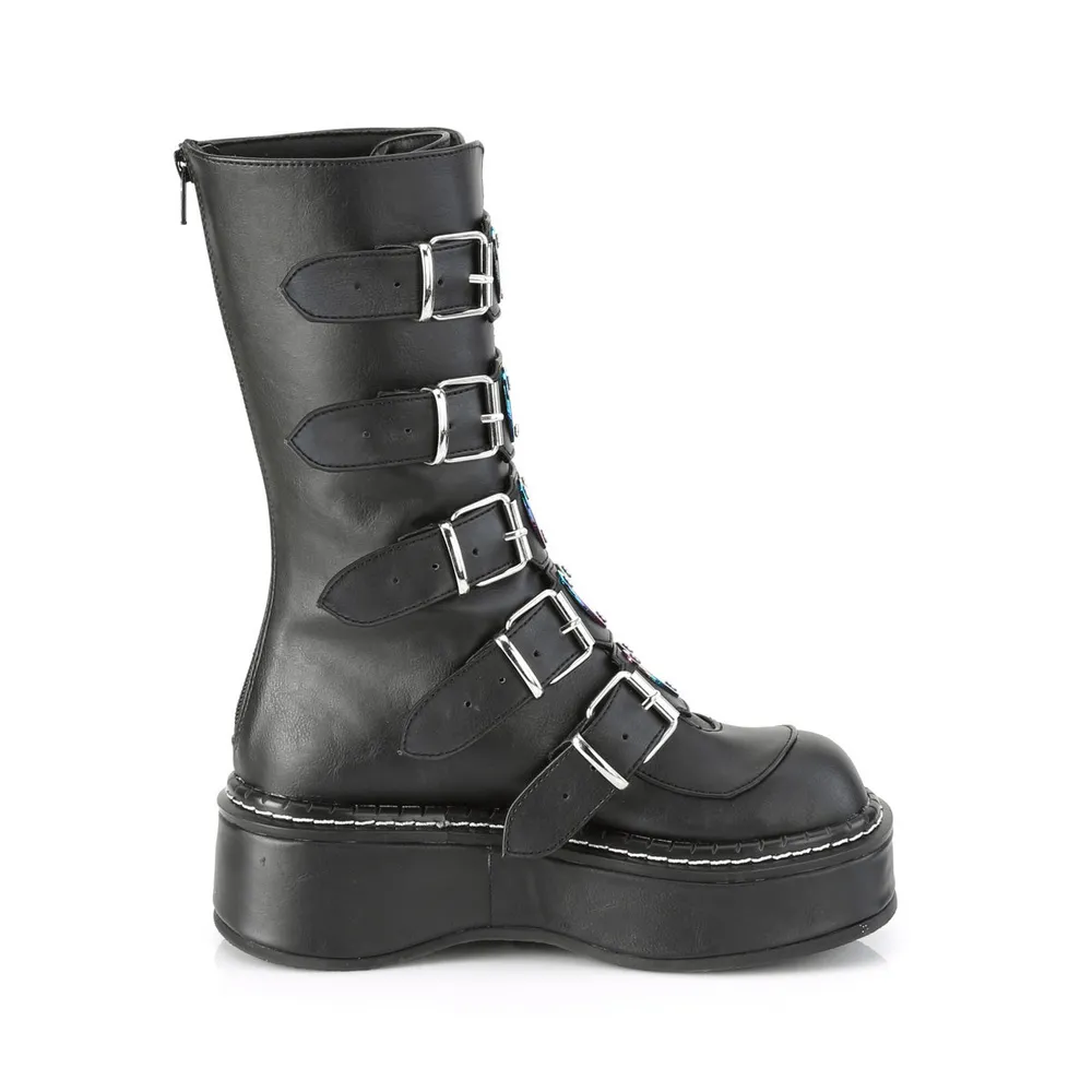 DEMONIA Leather Mid-Calf Boot with Heart Buckles