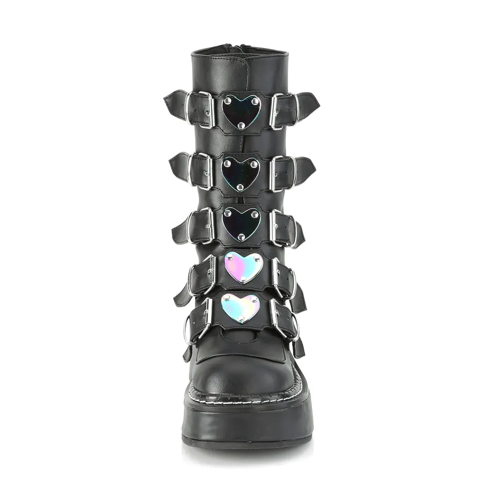 DEMONIA Leather Mid-Calf Boot with Heart Buckles