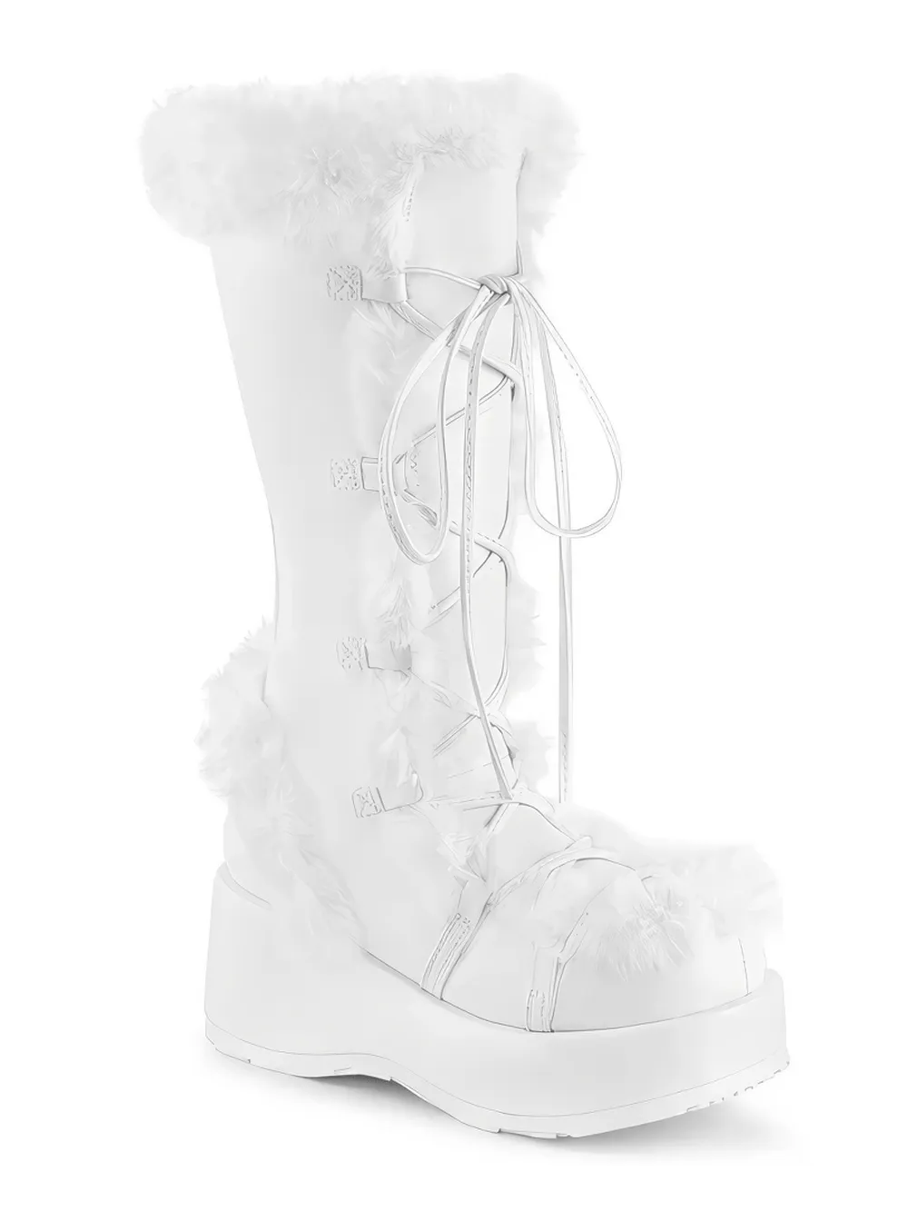 DEMONIA White Vegan Leather Mid-Calf Boot with Faux Fur