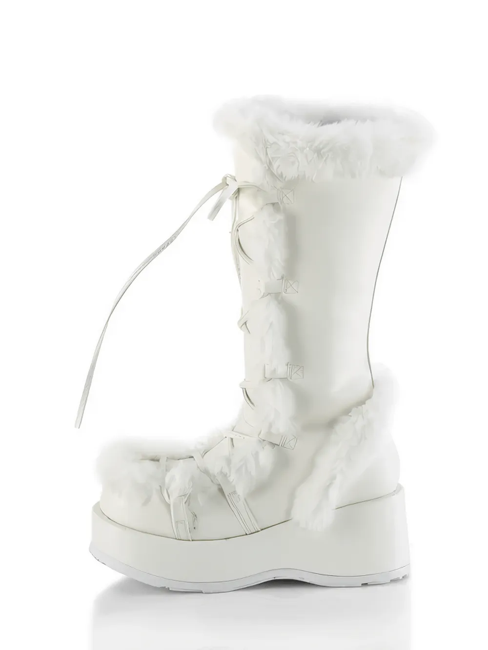 DEMONIA White Vegan Leather Mid-Calf Boot with Faux Fur