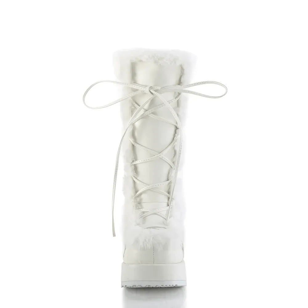 DEMONIA White Vegan Leather Mid-Calf Boot with Faux Fur