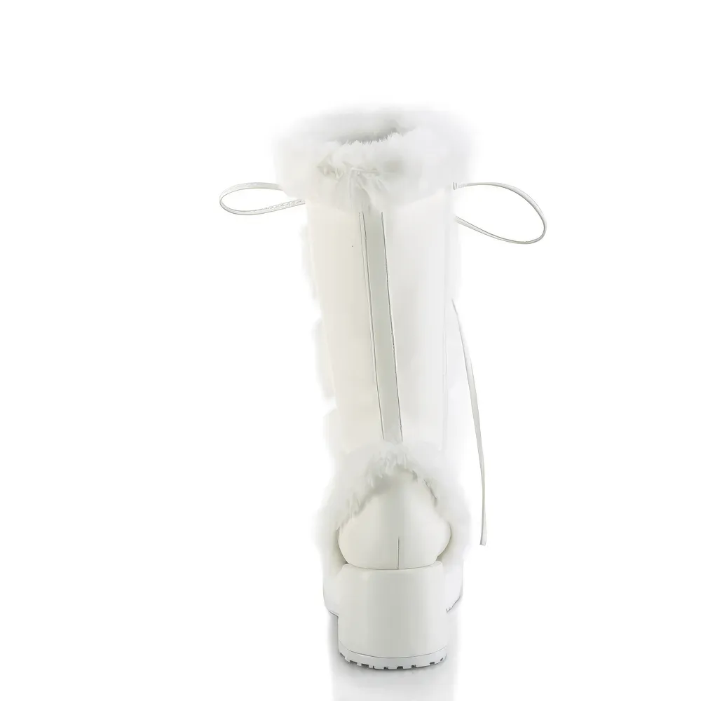 DEMONIA White Vegan Leather Mid-Calf Boot with Faux Fur