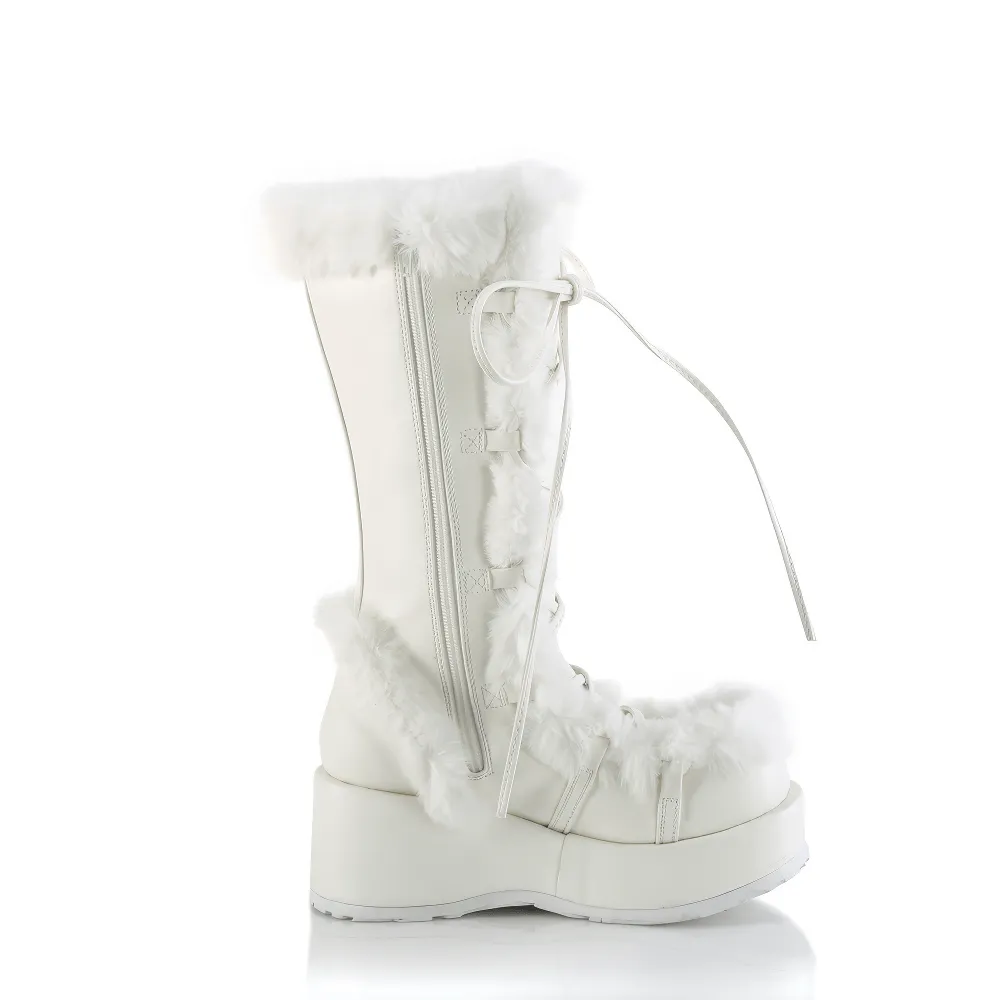 DEMONIA White Vegan Leather Mid-Calf Boot with Faux Fur