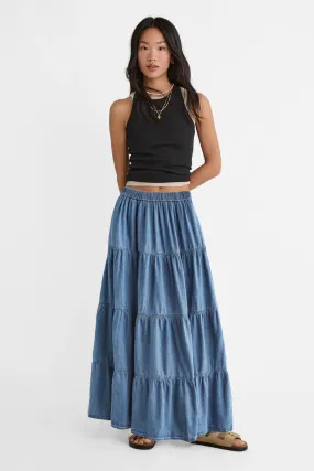 Denim Tiered Maxi Skirt