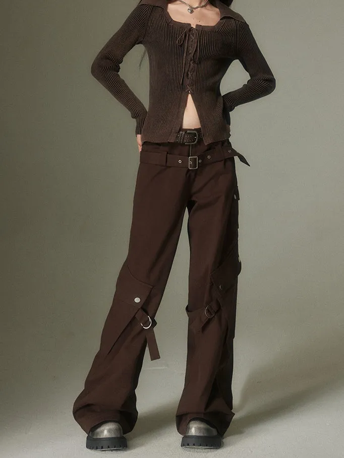 Double Belt Loose Straight Wide Leg Trousers