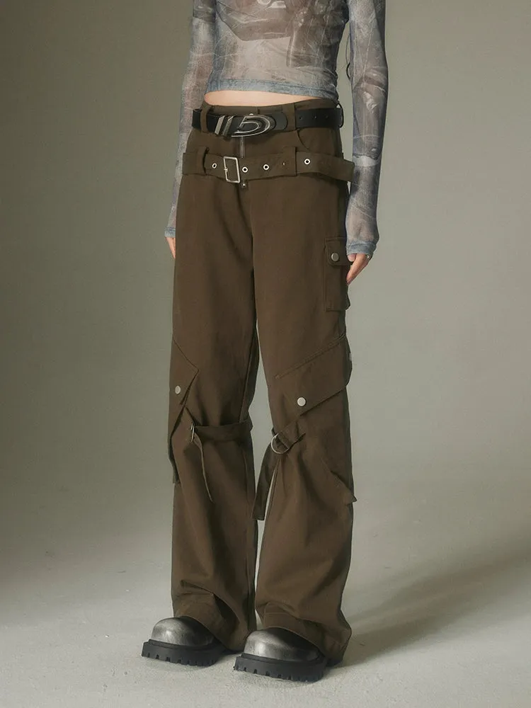 Double Belt Loose Straight Wide Leg Trousers