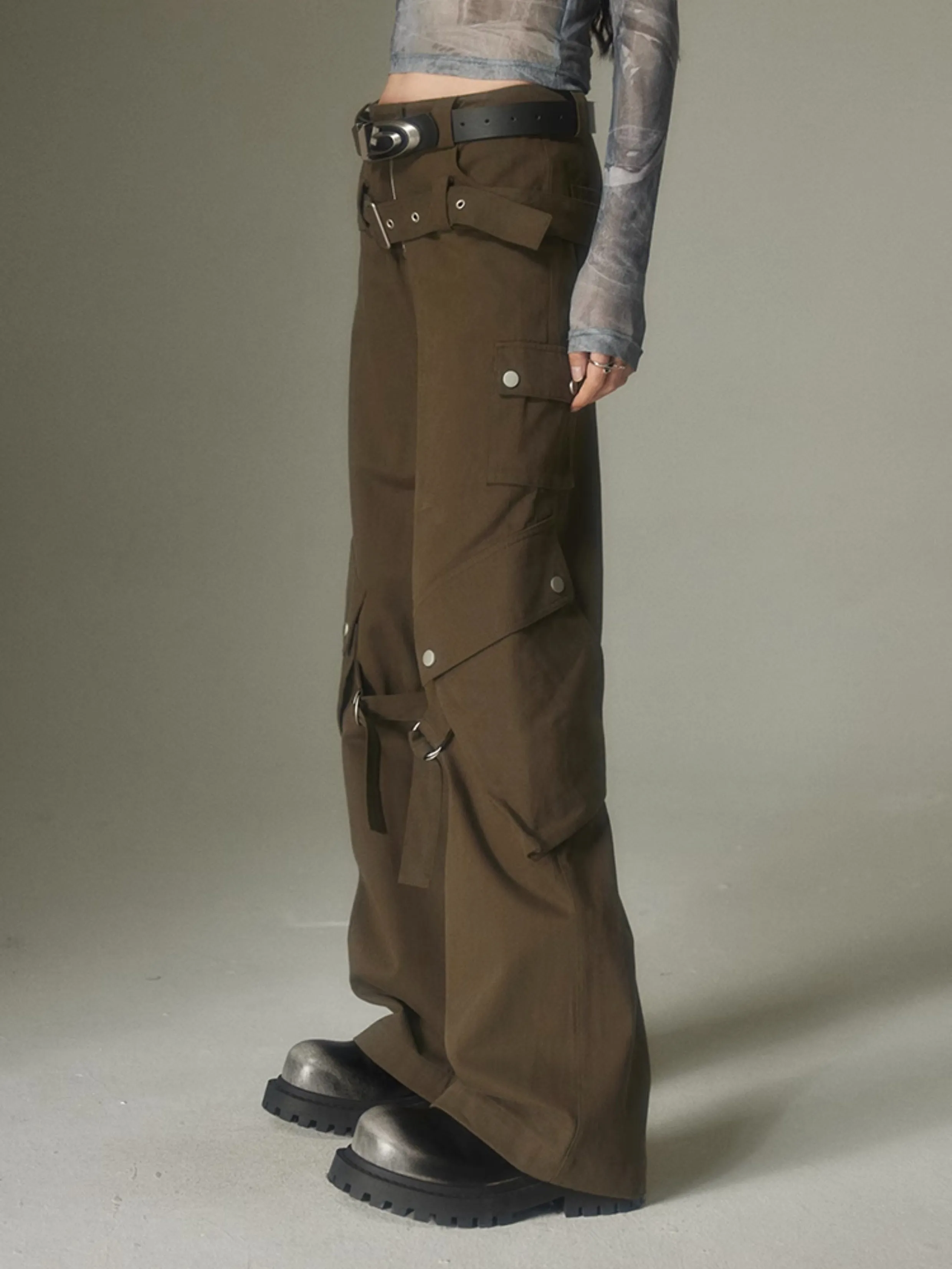 Double Belt Loose Straight Wide Leg Trousers