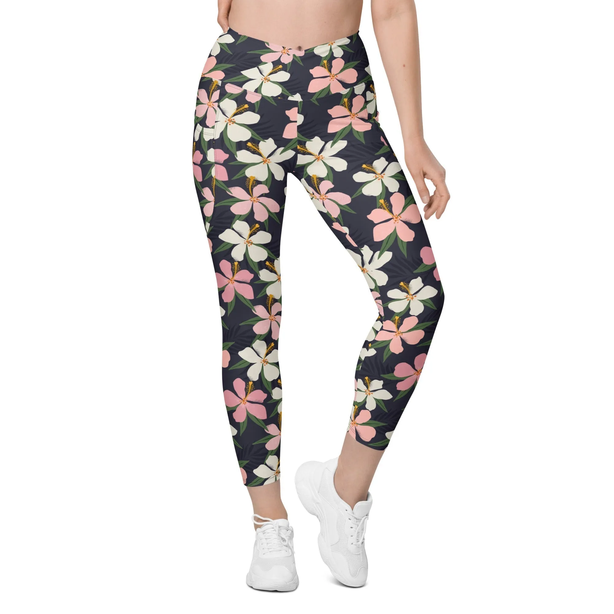 Floral Artwork Crossover Leggings With Pockets