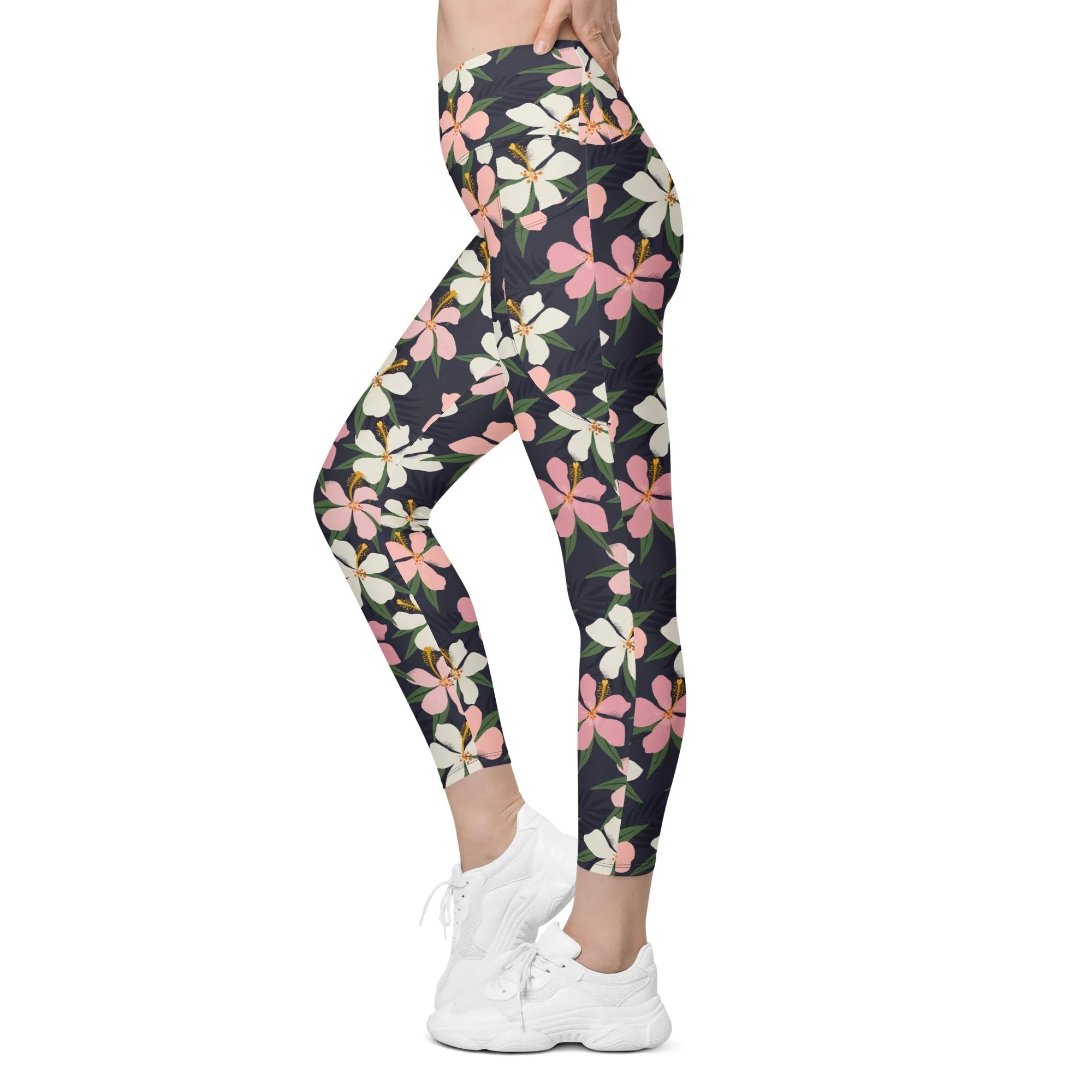 Floral Artwork Crossover Leggings With Pockets