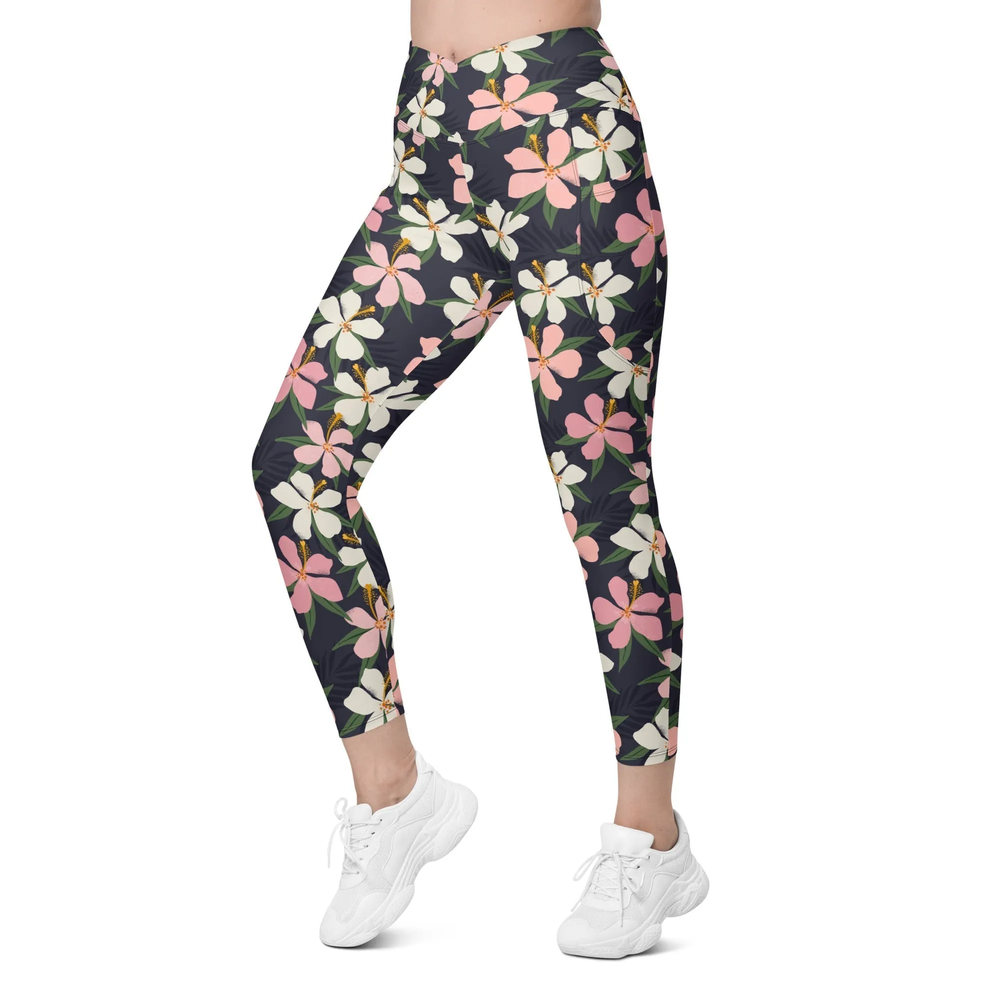 Floral Artwork Crossover Leggings With Pockets