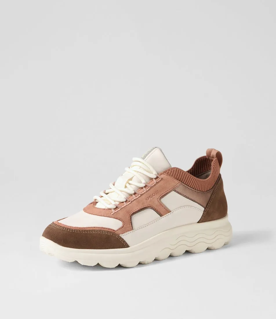 GEOX D Spherica Off White Dark Rose Leather Suede Sneakers