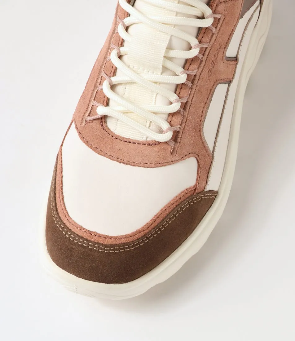 GEOX D Spherica Off White Dark Rose Leather Suede Sneakers