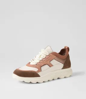 GEOX D Spherica Off White Dark Rose Leather Suede Sneakers