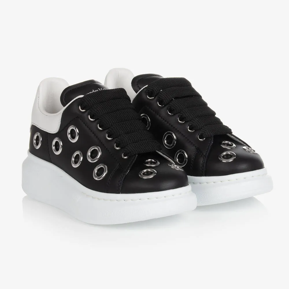 Girls Black Eyelet Leather Oversized Trainers