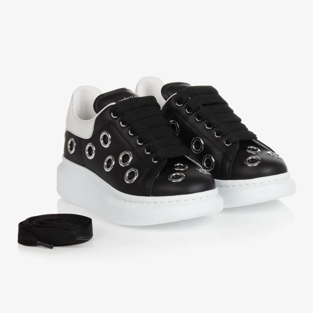 Girls Black Eyelet Leather Oversized Trainers