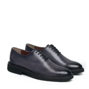 Lightweight Oxford Shoes Grey Leather Whole Cut/One Piece Medallion Toe By Brune & Bareskin