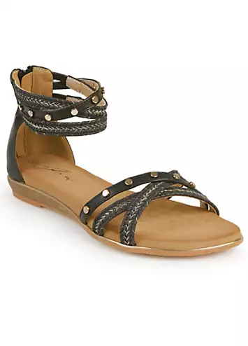 Lunar Exclusive Black Stud Braided Ankle Strap Flat Sandals | Grattan