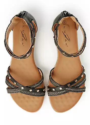 Lunar Exclusive Black Stud Braided Ankle Strap Flat Sandals | Grattan