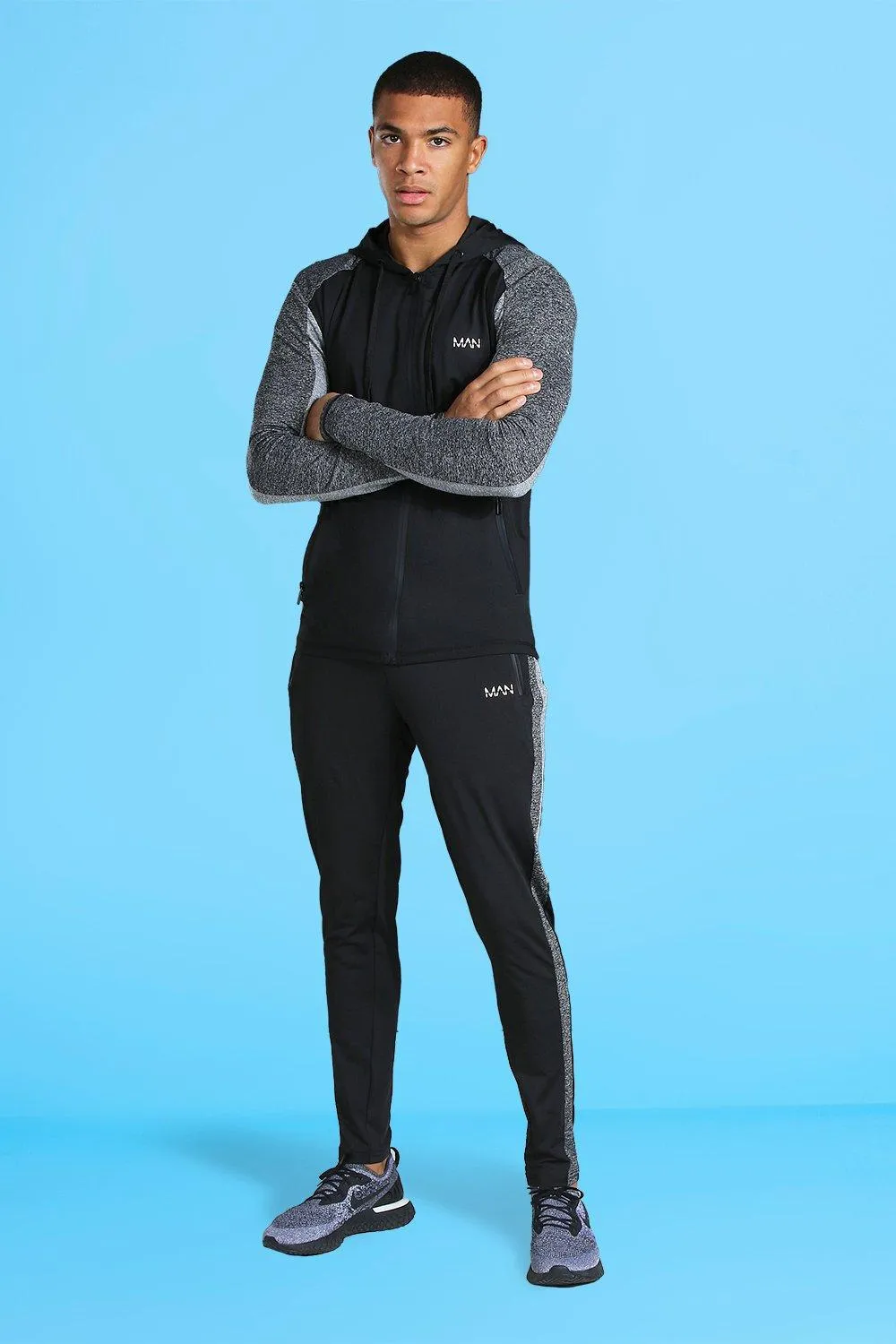 Man Active Tonal Hooded Zip Thru Tracksuit | boohooMAN UK