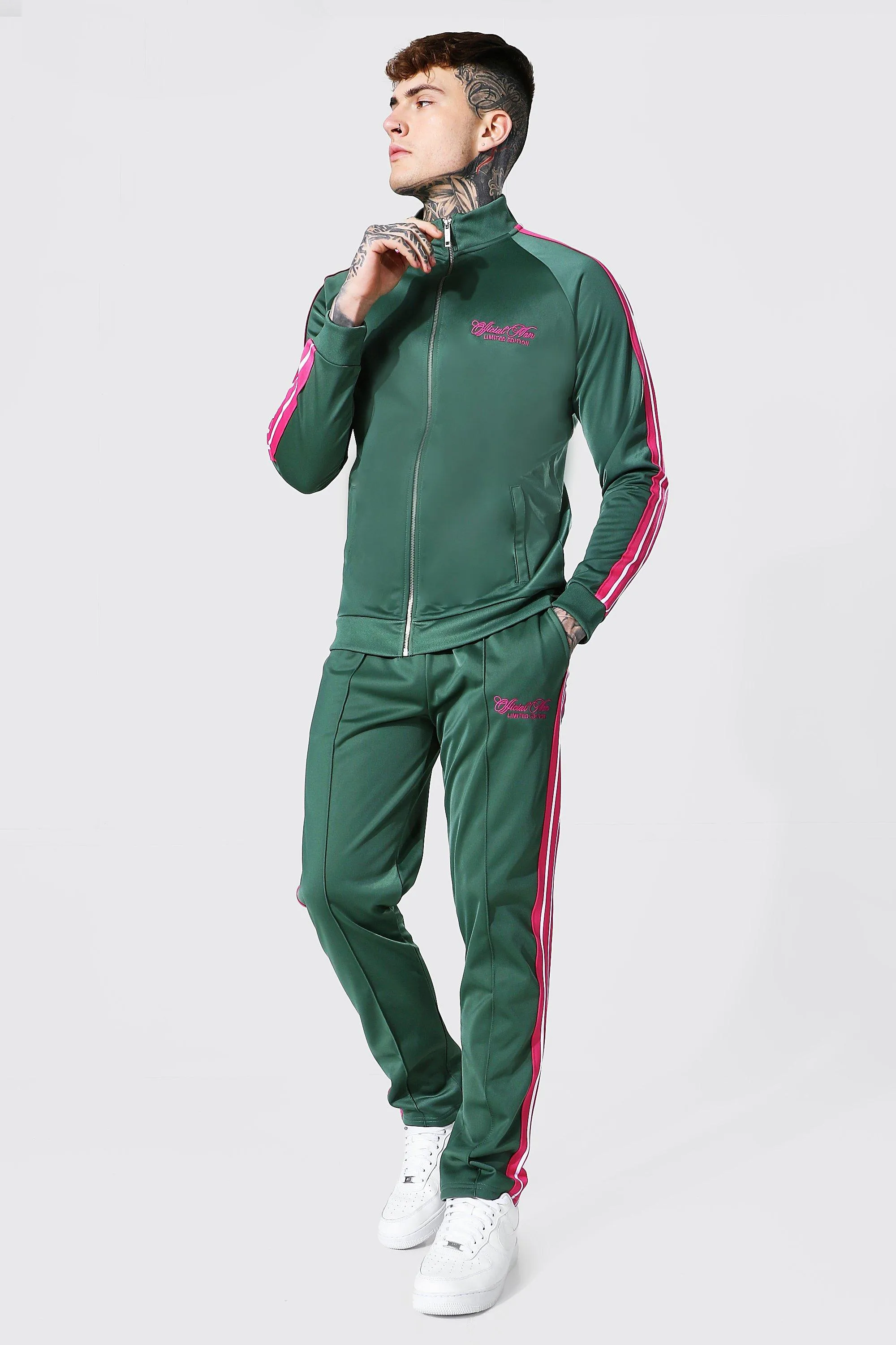 Man Funnel Neck Tricot Tape Tracksuit | boohooMAN UK