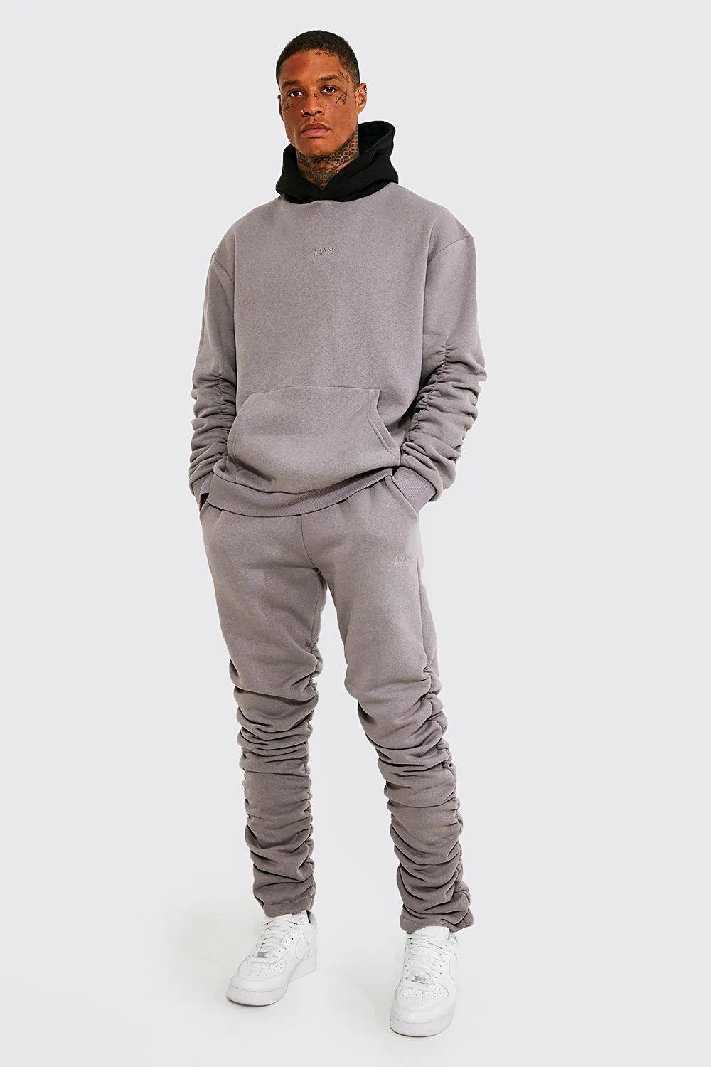 Man Ruched Hooded Tracksuit With Straps | boohooMAN UK