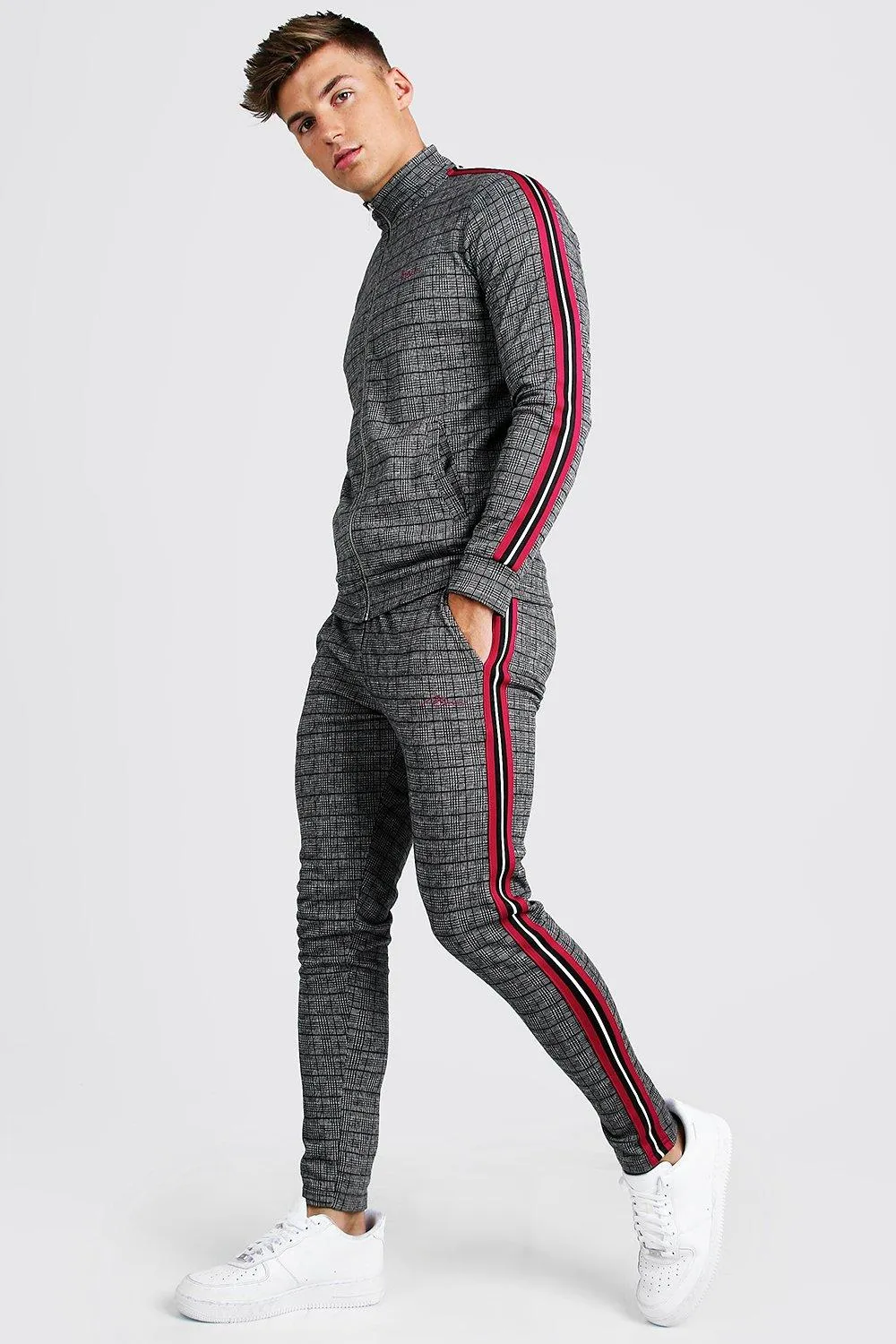 MAN Signature Skinny Fit Jacquard Tracksuit With Tape | boohooMAN UK